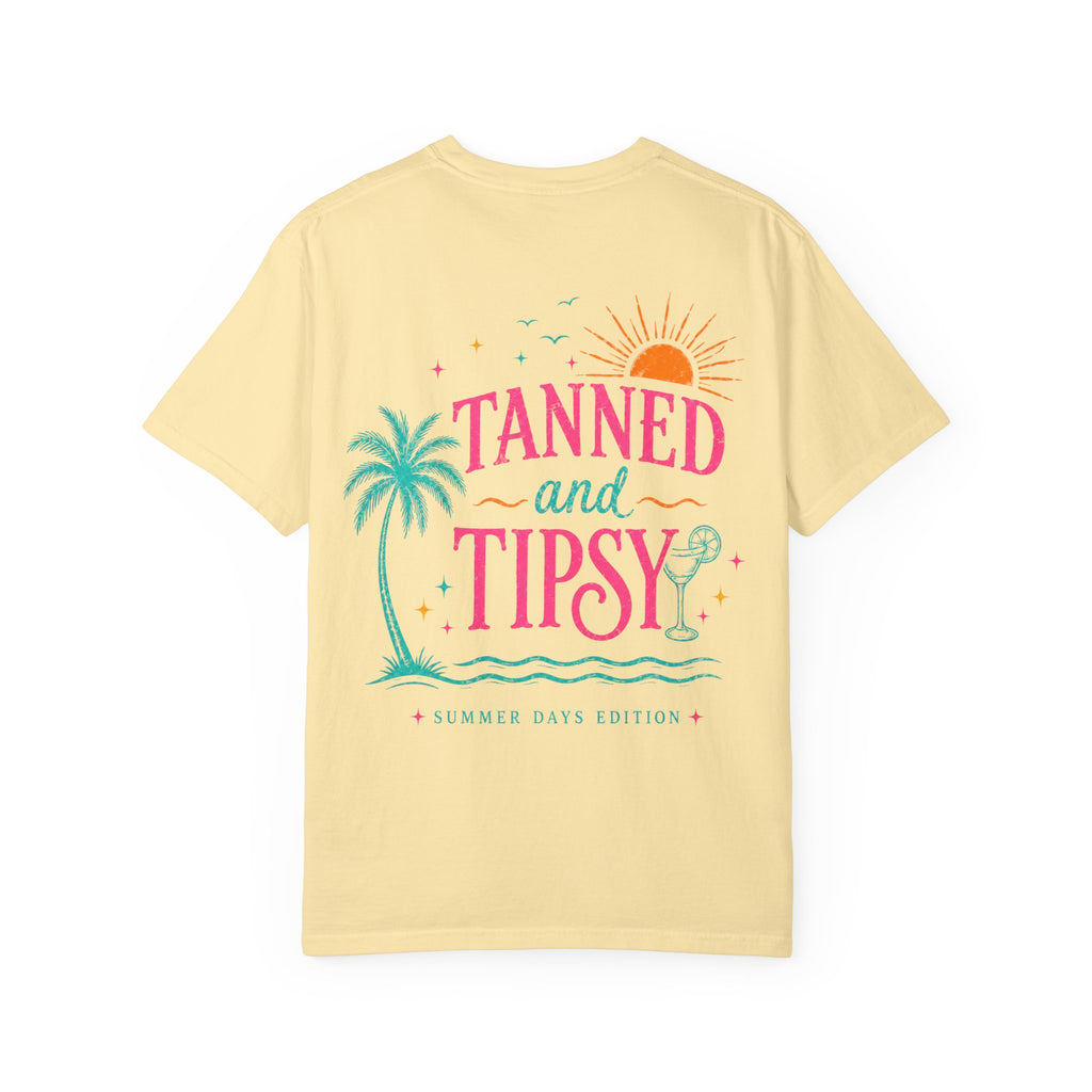 Tanned and Tipsy T-Shirt — Summer Beach Tee with Palm Tree & Cocktail Graphic