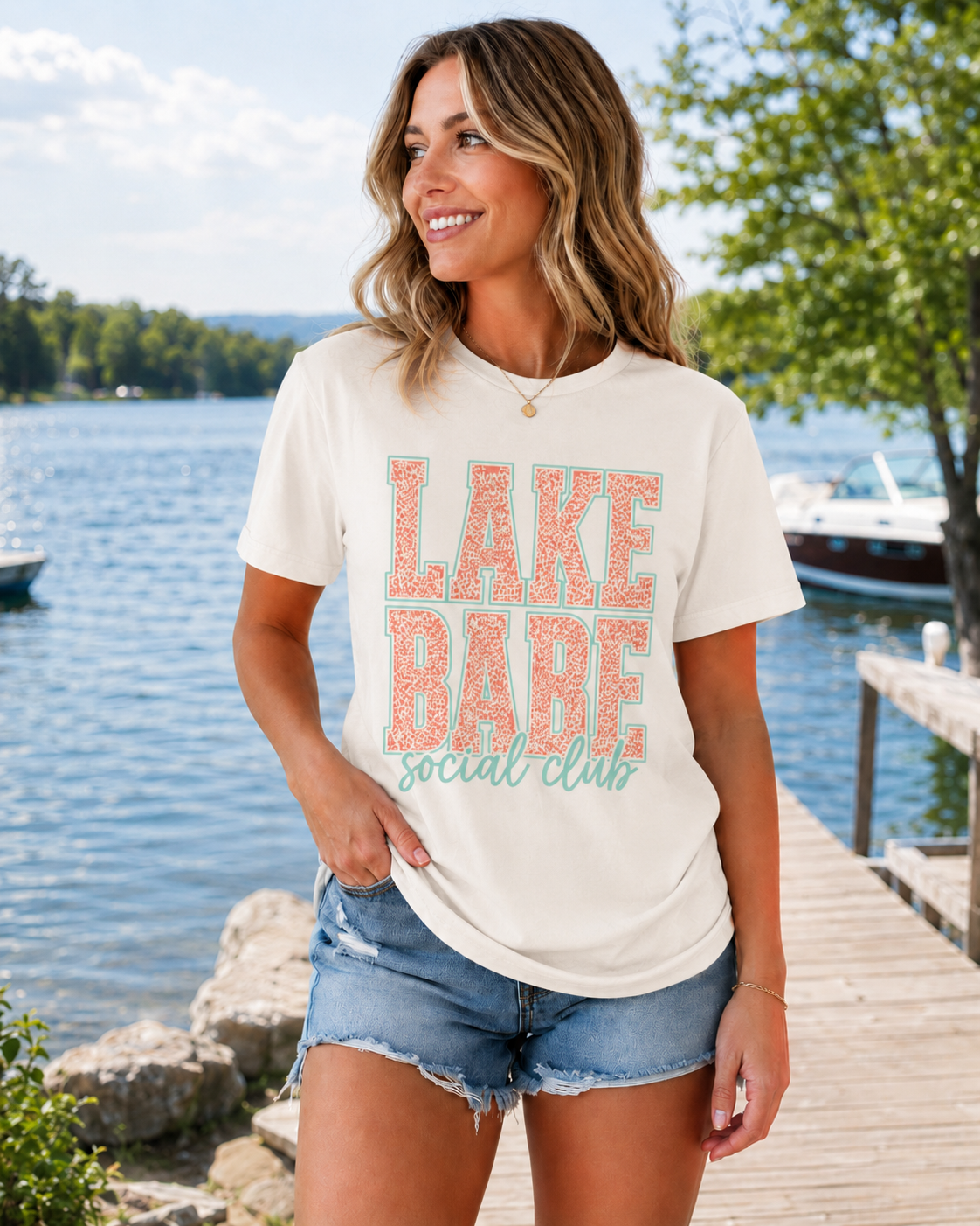 Lake Babe Social Club T-Shirt — Retro Coral & Mint Lake Vibes Tee