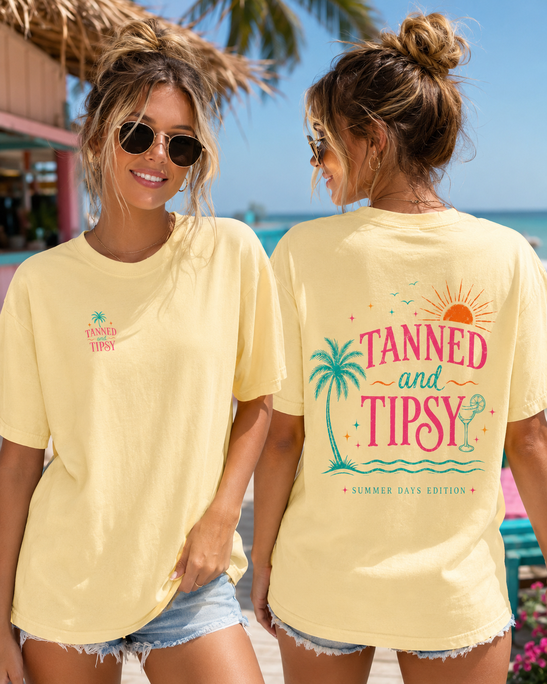 Tanned and Tipsy T-Shirt — Summer Beach Tee with Palm Tree & Cocktail Graphic