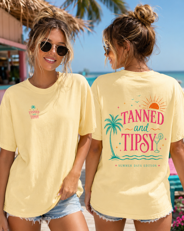 Tanned and Tipsy T-Shirt — Summer Beach Tee with Palm Tree & Cocktail Graphic
